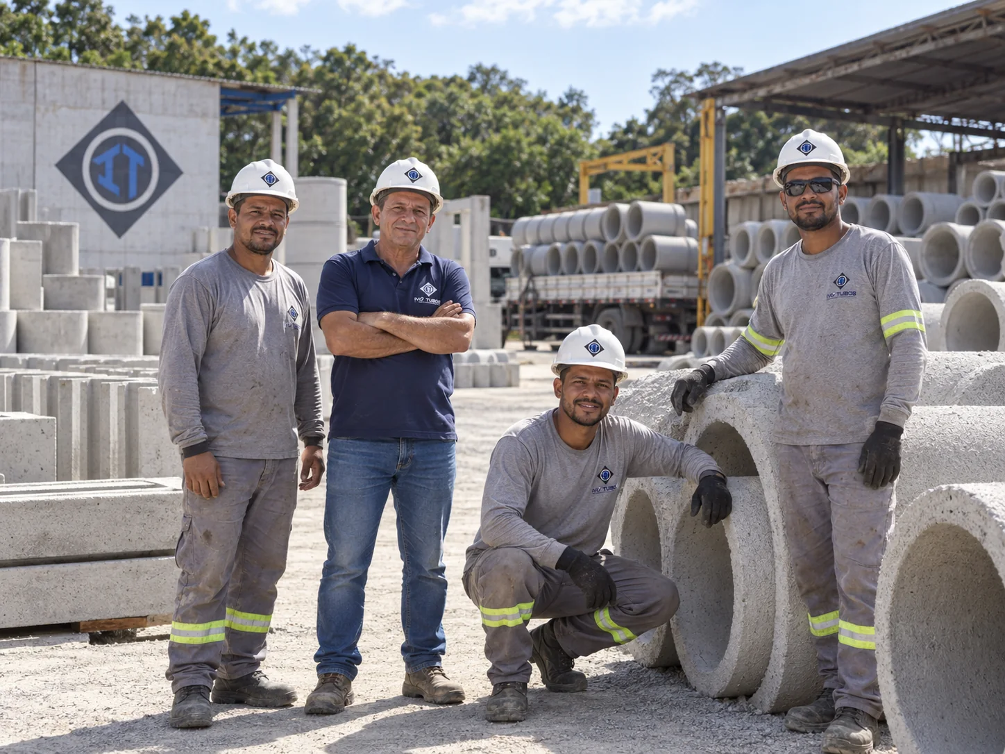 Equipe e pátio industrial representando a Ivo Tubos